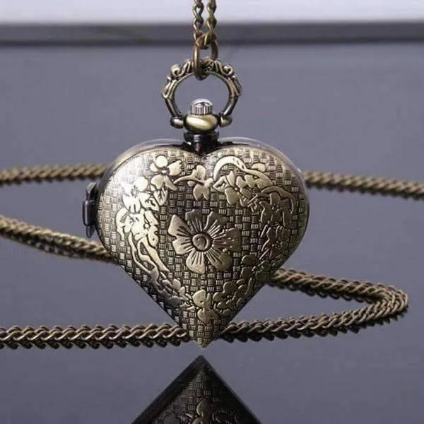 Antique Bronze Heart Locket Pocket Watch for Woman