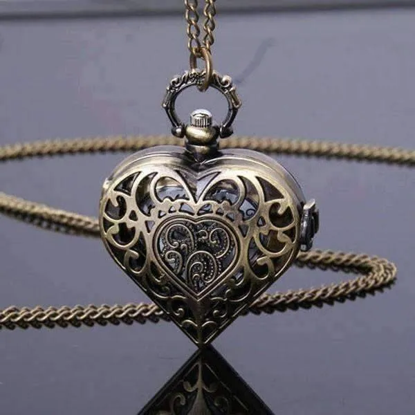 Antique Bronze Heart Locket Pocket Watch for Woman