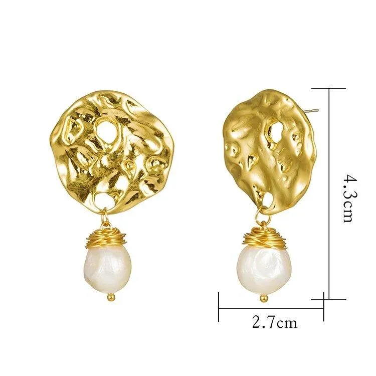 Baroque Pearl Drop Earrings with Hammered Gold Earrings for Women