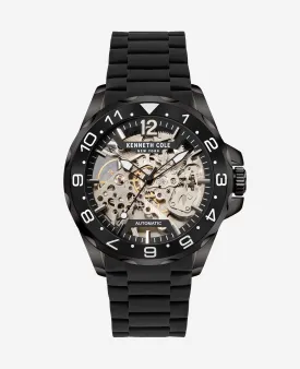 Black Automatic Skeleton Dial Sport Watch with Black Silicone Bracelet