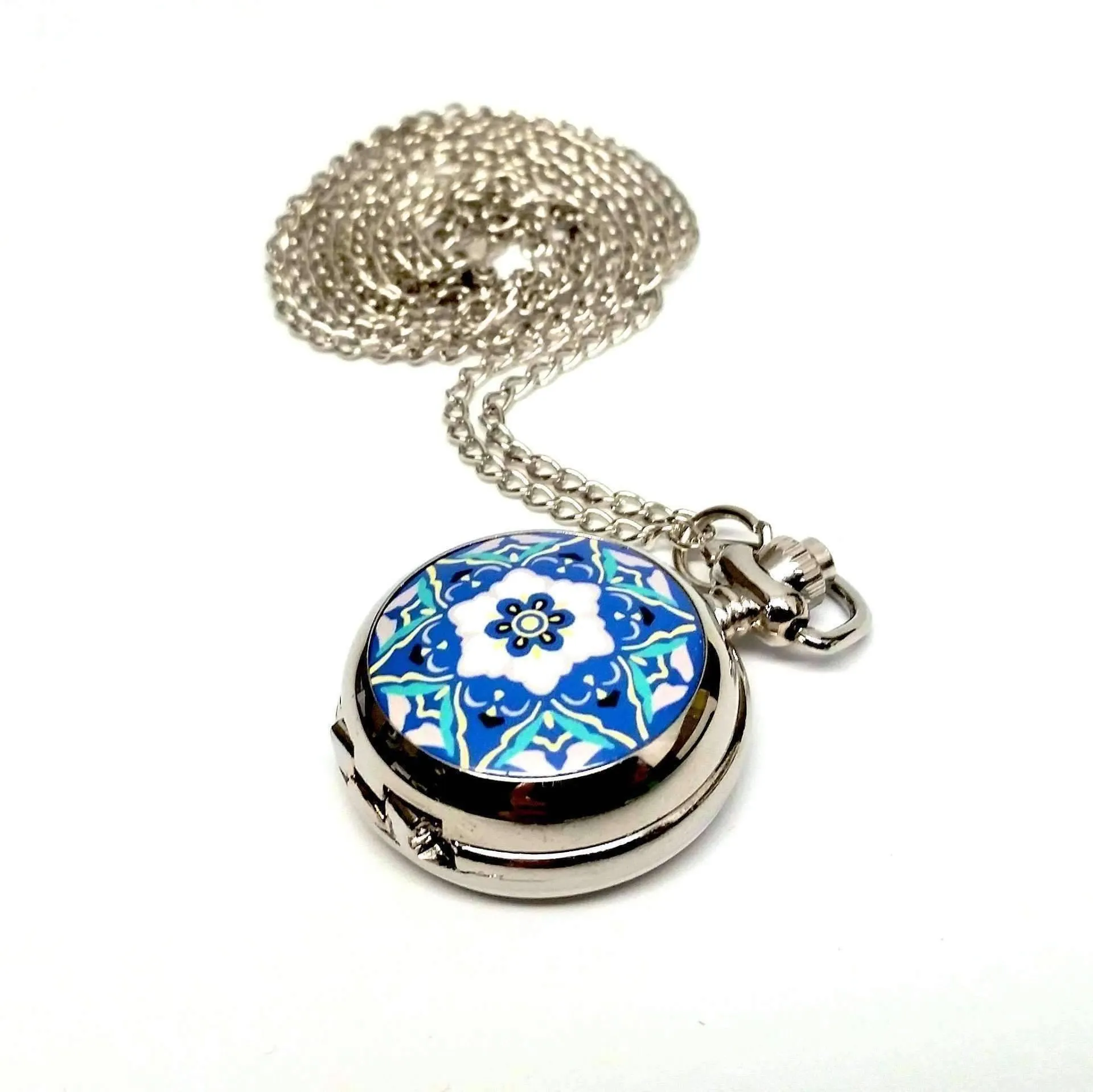 Blue and White Floral Vintage Style Mini Pocket Watch For Woman