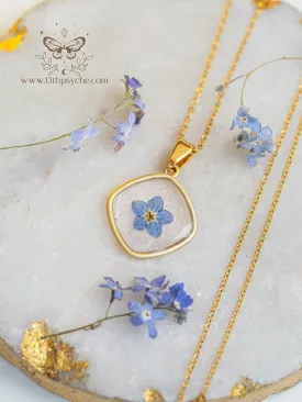 Blue forget me not flower dainty resin pendant necklace