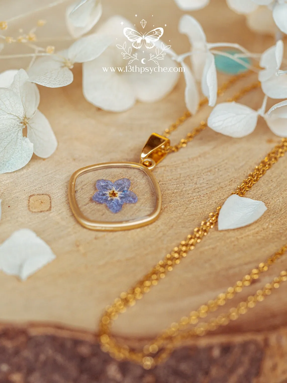 Blue forget me not flower dainty resin pendant necklace