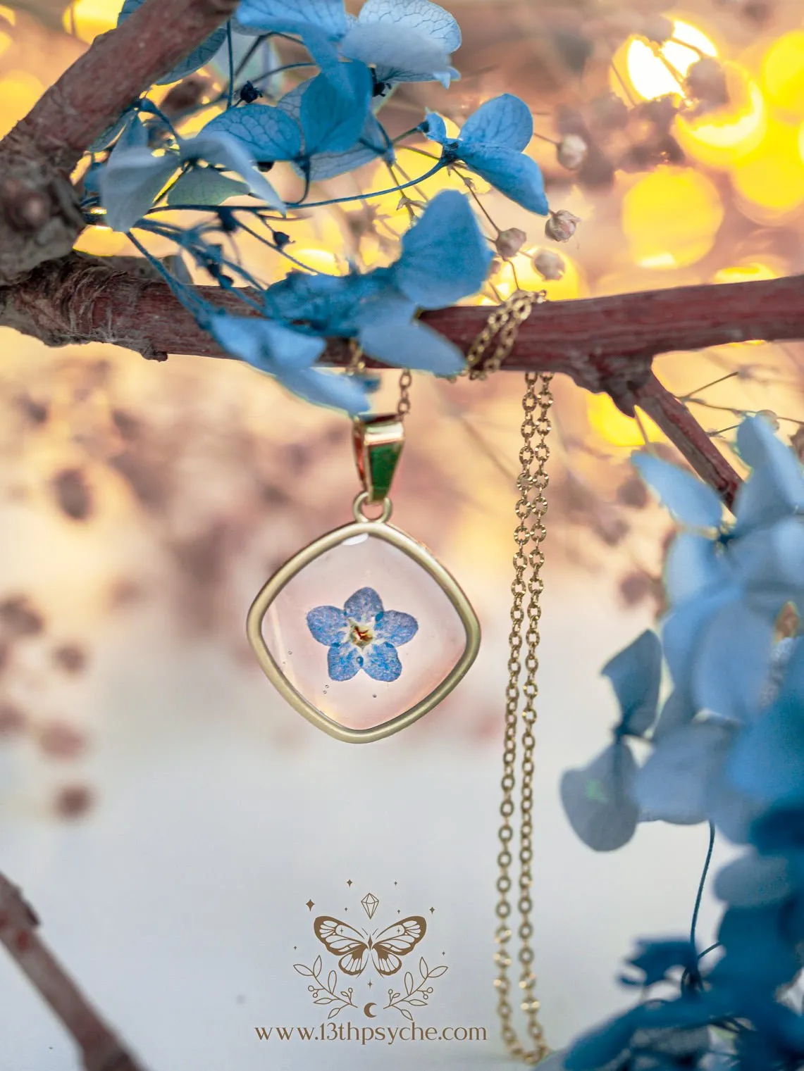 Blue forget me not flower dainty resin pendant necklace