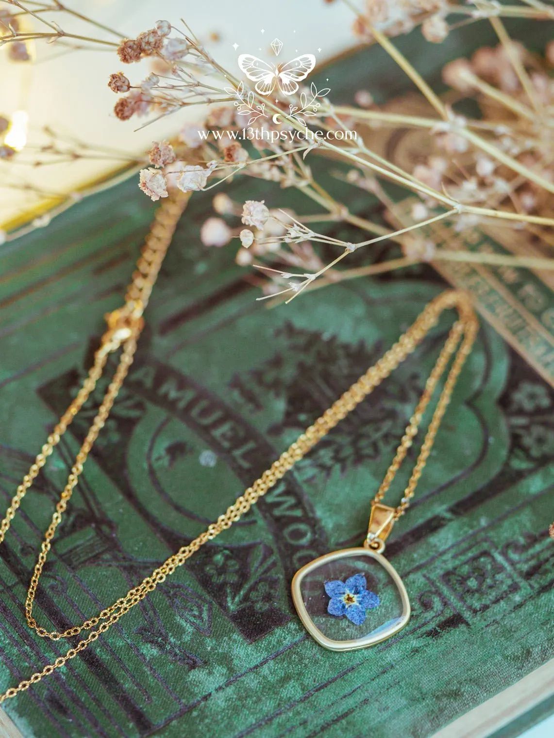 Blue forget me not flower dainty resin pendant necklace