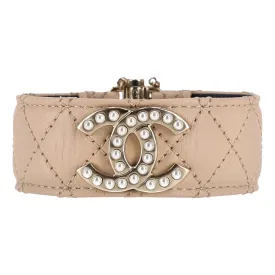 Chanel Quilted Leather Cuff Bracelet With Pearl 'CC' Logo