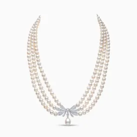 Contessa 18K Gold White Freshwater Pearl and Diamond Bow Necklace