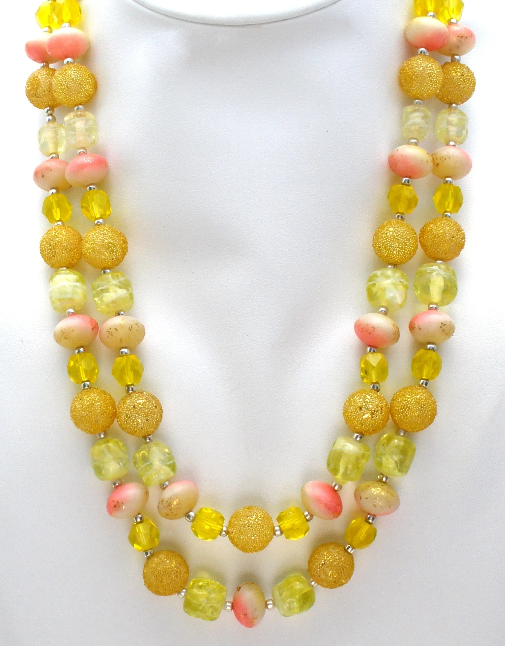 Double Strand Yellow & Pink Bead Necklace Vintage