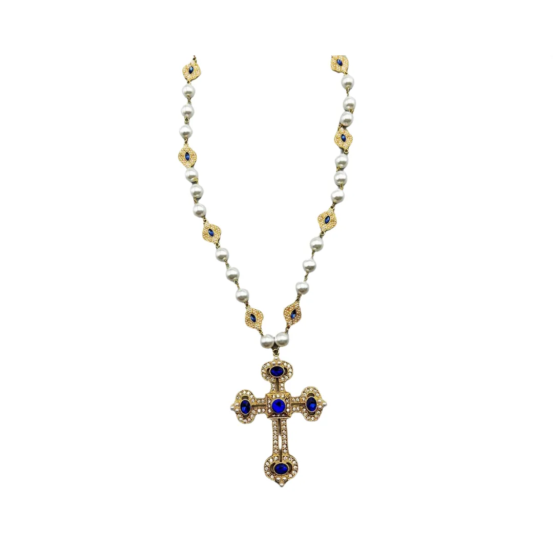 Pre Order:  Retro Diamond Inlaid Cross Pendant Pearl Necklace