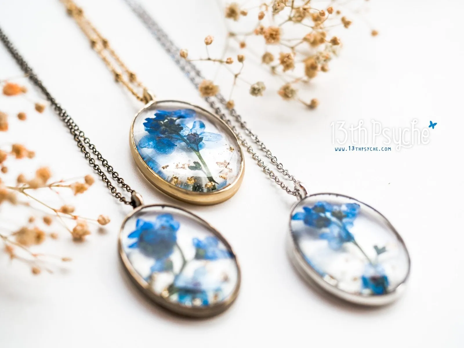 Pressed Forget me not flower pendant necklace