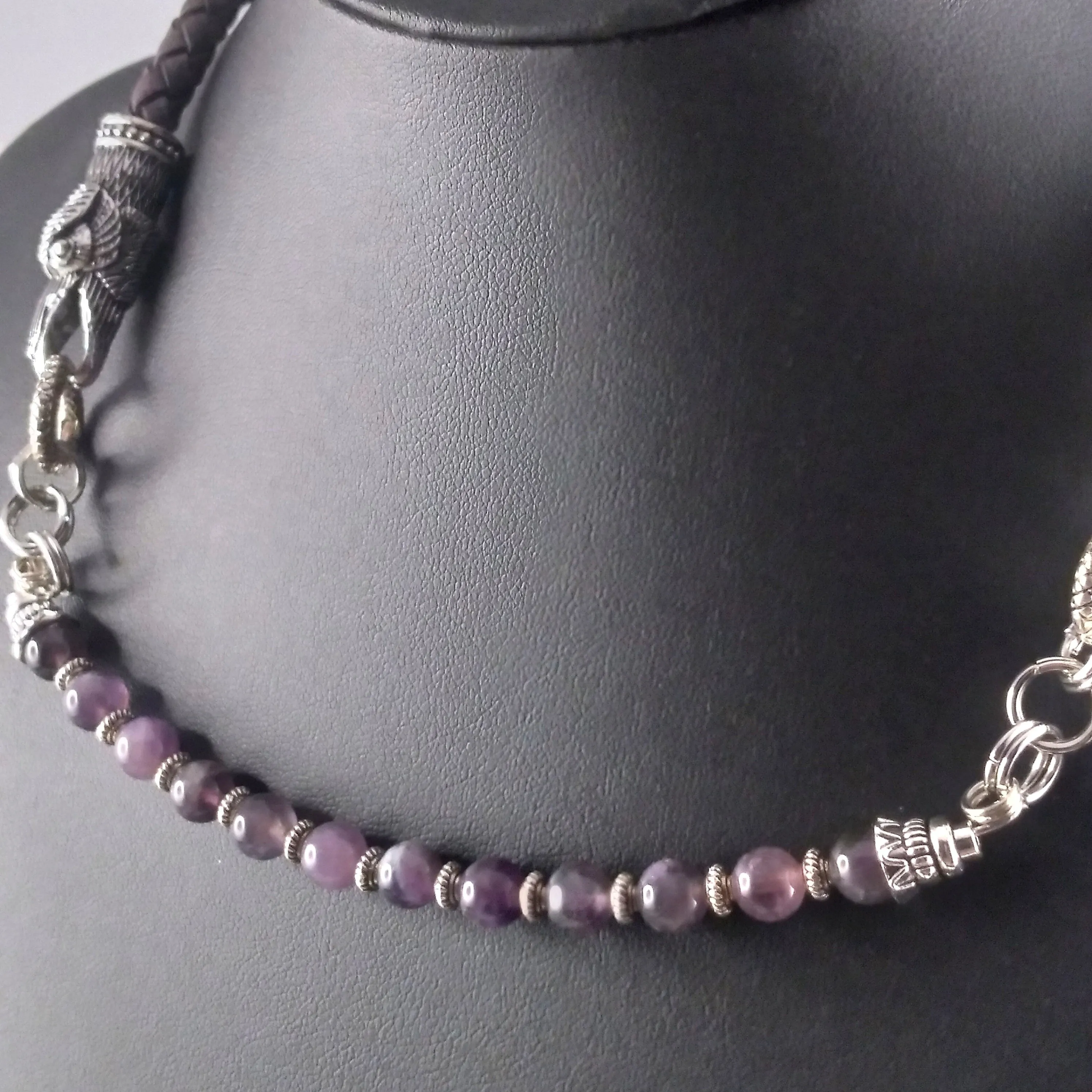 Raven Necklace Choker Silver Gray Leather Amethyst Beads