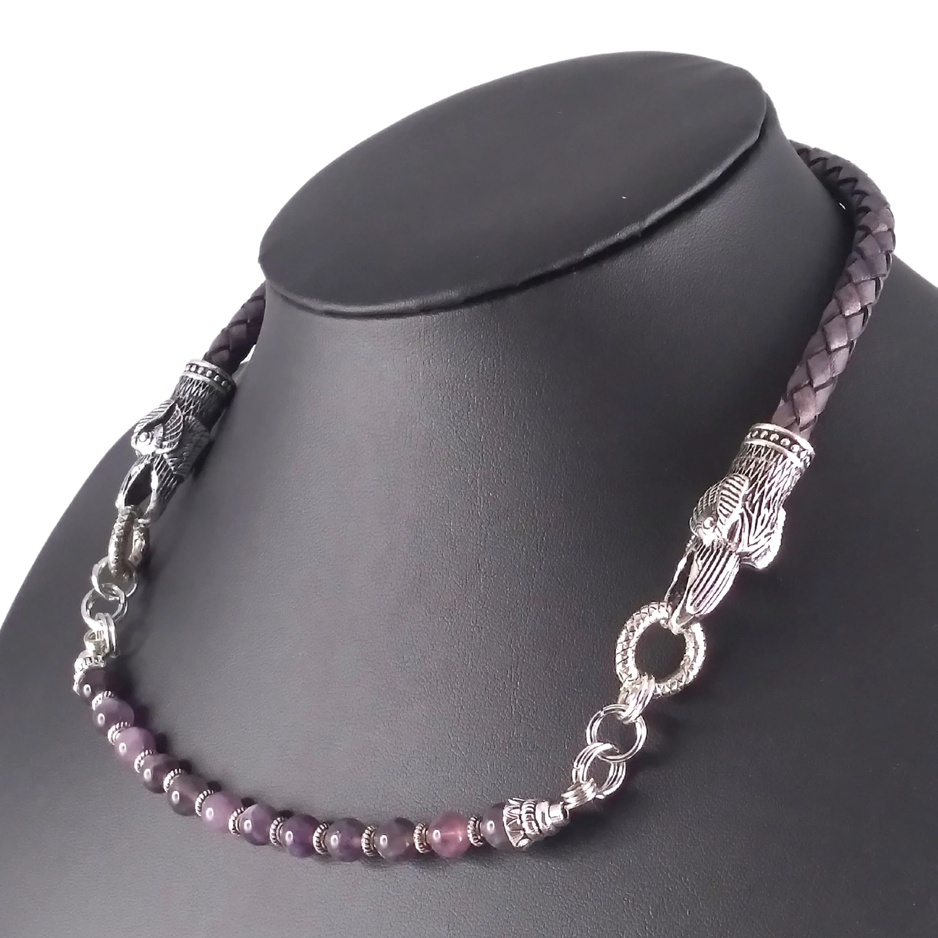 Raven Necklace Choker Silver Gray Leather Amethyst Beads