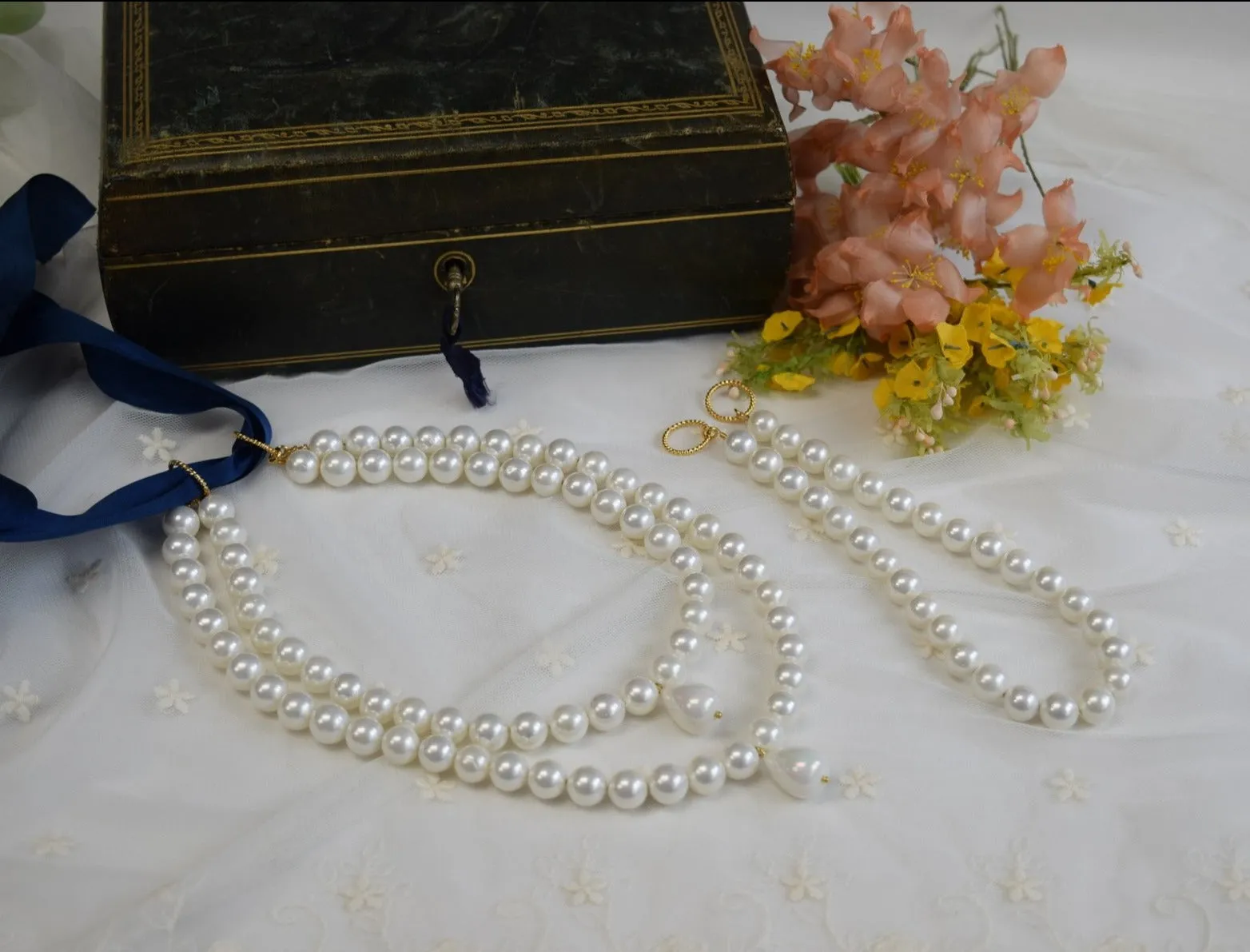 Shell Pearl Necklace - Double Strand with Double Teardrop