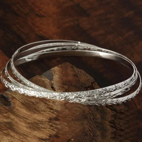 Sterling Silver Hawaiian Bangle 3 in 1 Heirloom Scroll Engraving Bangle Silver Color