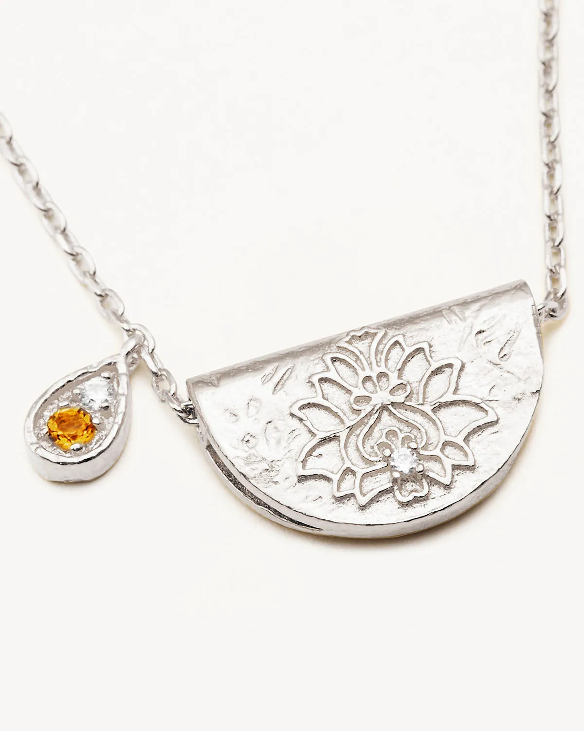 Sterling Silver Lotus Birthstone Necklace - November - Citrine