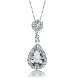 Sterling Silver with Cubic Zirconia Vintage Cluster Teardrop Pendant Necklace