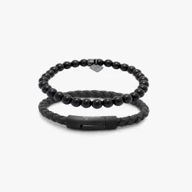 THOMPSON Black IP steel Tubo Classico Set bracelets in black leather