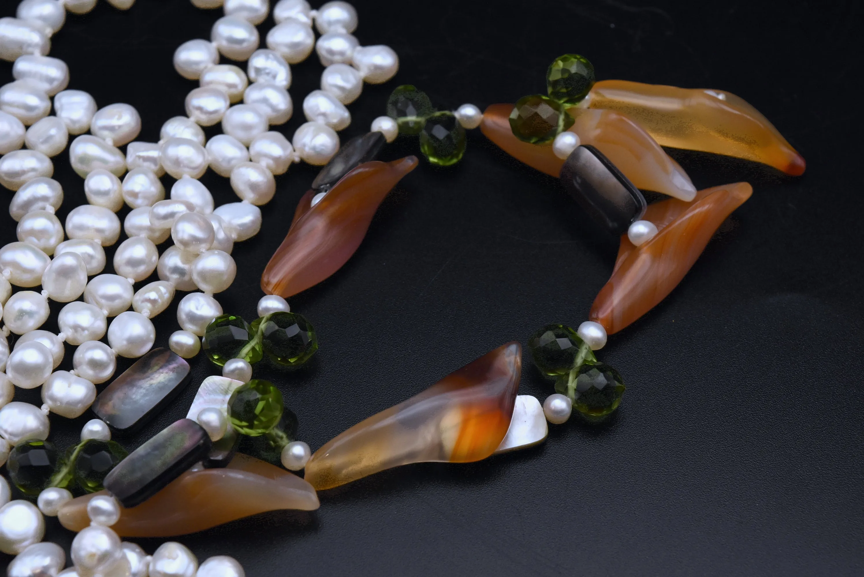 Vintage Carnelian and Agate Calla Lily Beads Pearl Tassel Necklace - 45"