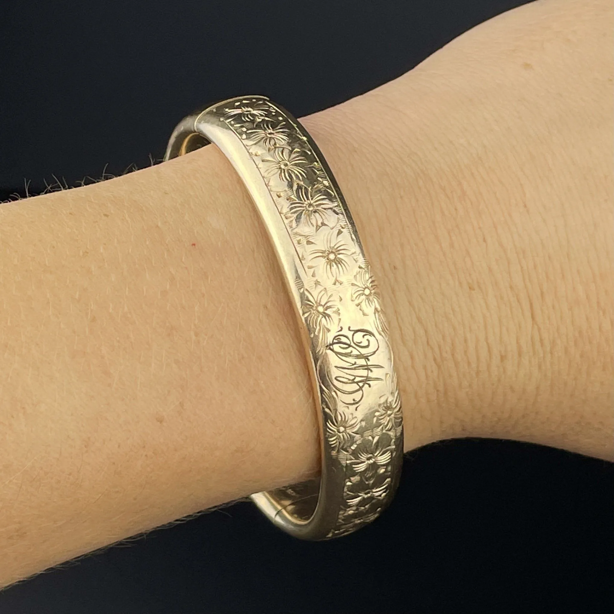 Vintage Gold Filled Floral Engraved Cuff Bangle Bracelet